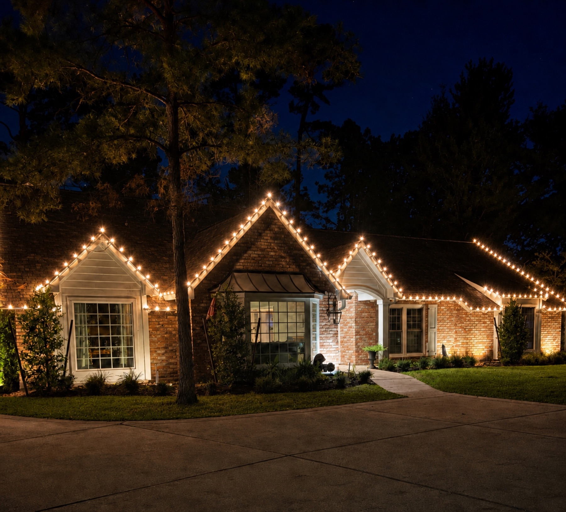 Single-story brick home with warm white Christmas lights tracing multiple roof peaks and eaves.