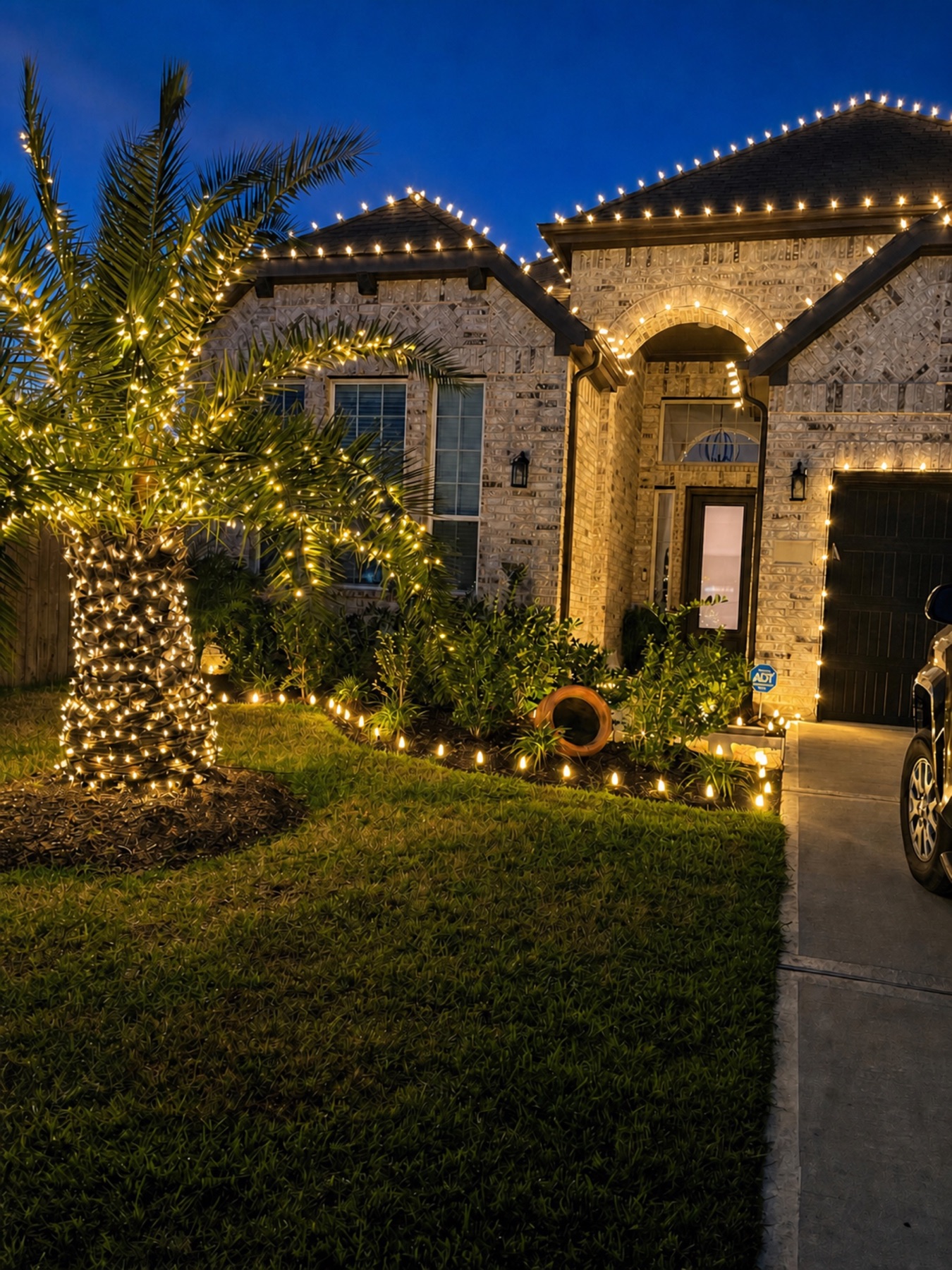 Brick home entry framed by warm white roofline, landscape, and palm-tree lights at twilight.