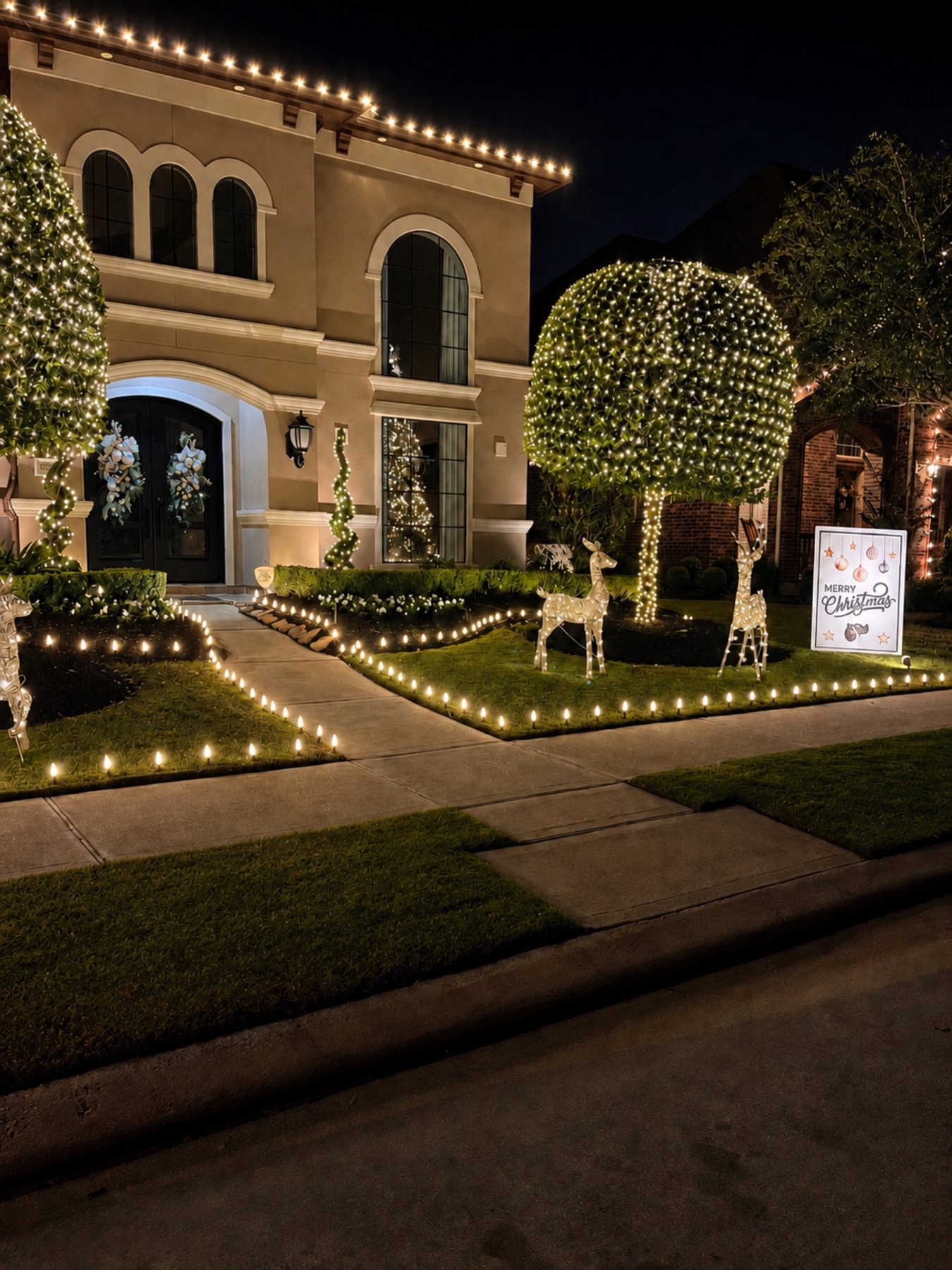 Front yard decorated with warm white roofline lights, illuminated topiary trees, pathway lights, and glowing reindeer.